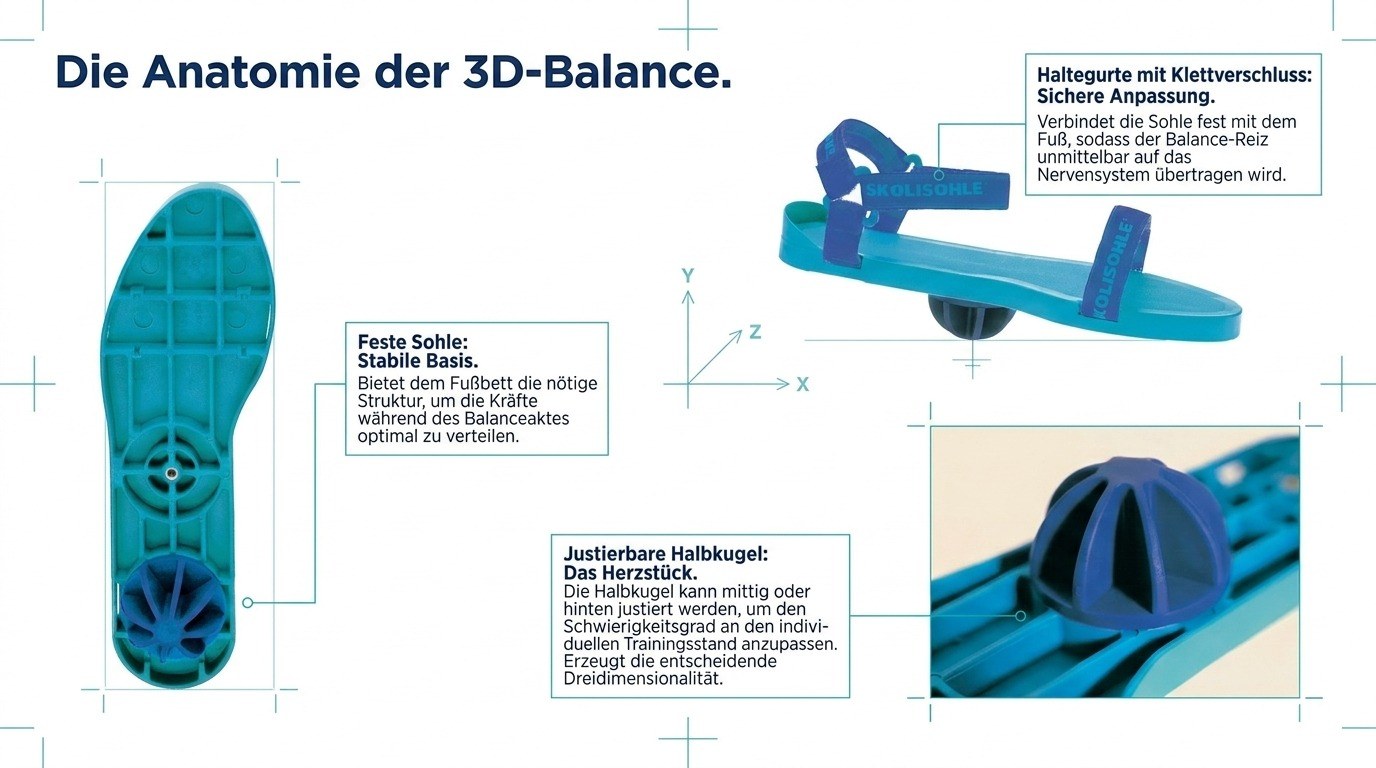 Die Anatomie der 3D-Balance: feste Sohle, Haltegurte mit Klettverschluss, justierbare Halbkugel